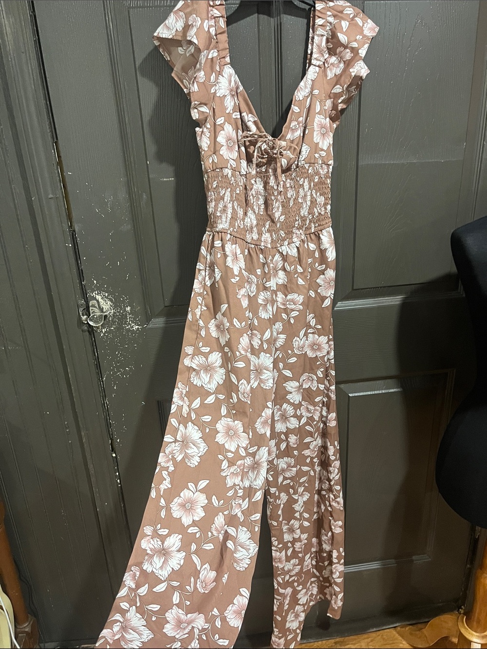 Smocked Floral Wide-Leg Jumpsuit in Dusty Rose